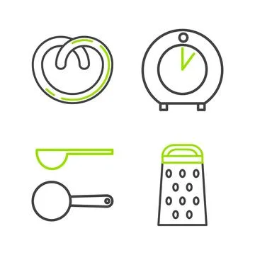 Set line Grater, Measuring spoon, Kitchen timer and Pretzel icon. Vector Illustration