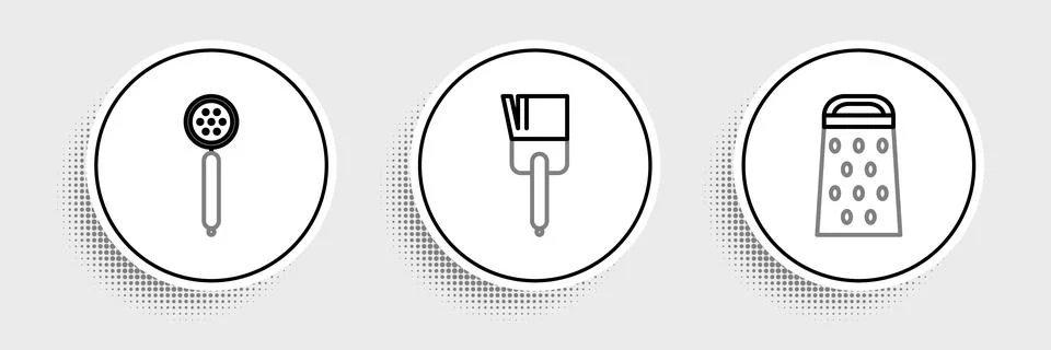 Set line Grater, Strainer spoon and Kitchen brush icon. Vector Stock Illustration