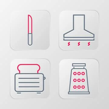 Set line Grater, Toaster with toasts, Kitchen extractor fan and Knife icon... Illustration