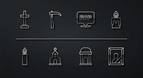 Set line Grave with cross, Burning candle, Old crypt, Church building, Scyt.. Ilustración de archivo