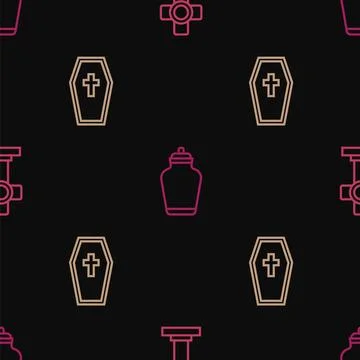 Set line Grave with cross, Coffin and Funeral urn on seamless pattern. Vector Stock Illustration