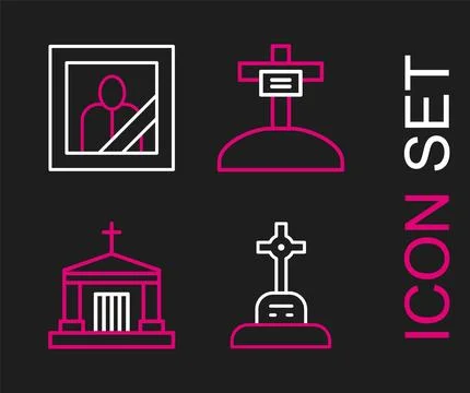 Set line Grave with cross, Old crypt, and Mourning photo frame icon. Vector Ilustración de archivo