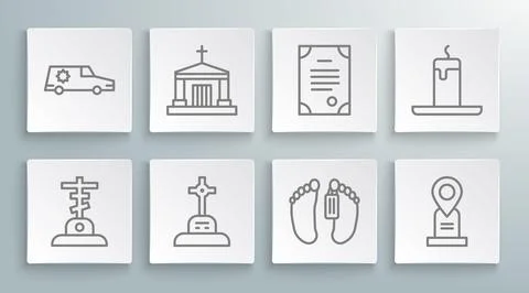 Set line Grave with cross, Old crypt, Dead body, Location grave, Death cert.. Ilustración de archivo
