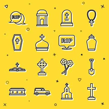 Set line Grave with cross, Shovel, Funeral urn, tombstone, Church tower, Co.. Stock Illustration