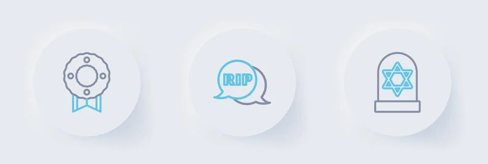 Set line Grave with star of david, Speech bubble rip death and Memorial wre.. Stock Illustration