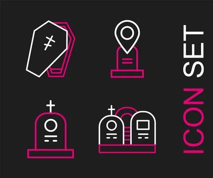 Set line Grave with tombstone, Location grave and Coffin cross icon. Vector Stock Illustration