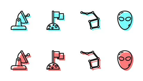 Set line Great Bear constellation, Satellite dish, Moon with flag and Alien icon Ilustração Stock