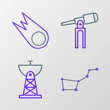 Set line Great Bear constellation, Satellite dish, Telescope and Comet fall.. Ilustração Stock