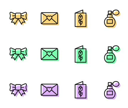 Set line Greeting card with 8 March, Gift bow, Envelope and Perfume icon. V.. Stock Illustration