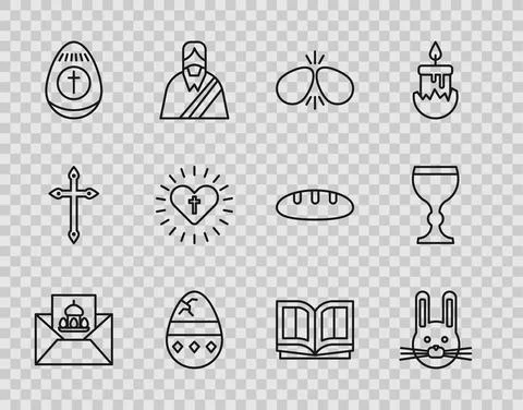 Set line Greeting card with Happy Easter, rabbit, eggs, Cracked, Christian cross Illustrazione stock