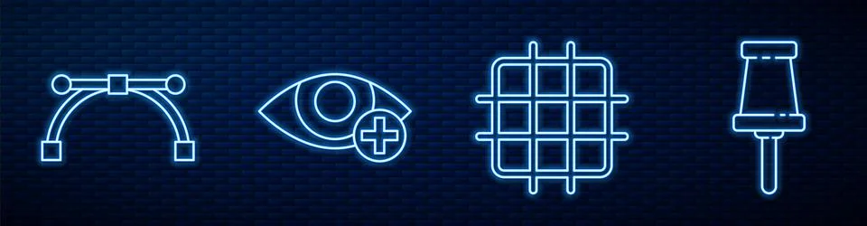 Set line Grid graph paper, Bezier curve, Red eye effect and Push pin. Glowing Stock Illustration