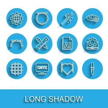 Set line Grid graph paper, Speech bubble with text CMYK, Globe of the Earth and Stock Illustration