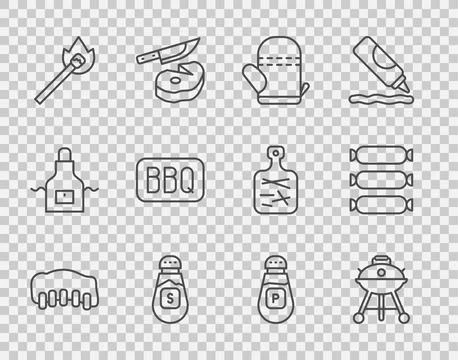 Set line Grilled pork bbq ribs, Barbecue grill, Oven glove, Salt, Burning m.. Stock Illustration