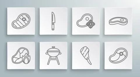 Set line Grilled steak meat and fire flame, Knife, Barbecue grill, Rib eye,.. Stock Illustration