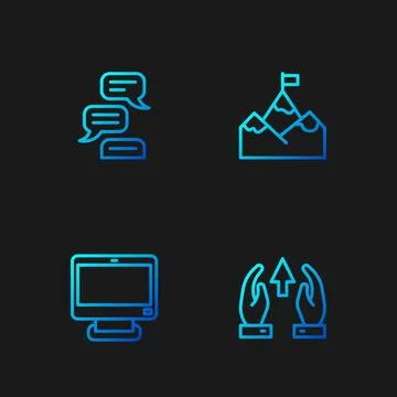 Set line Growth chart and progress, Computer monitor, Speech bubble chat and Stock Illustration