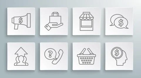 Set line Growth chart and progress in people crowd, Shopping basket, Business Ilustración de archivo