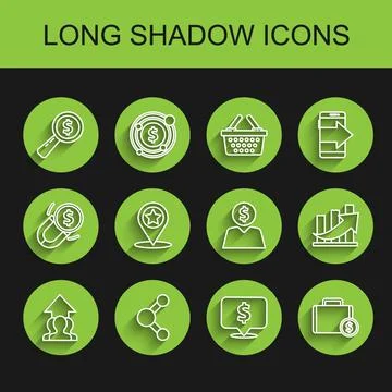 Set line Growth chart and progress in people crowd, Magnifying glass dollar.. Stock Illustration