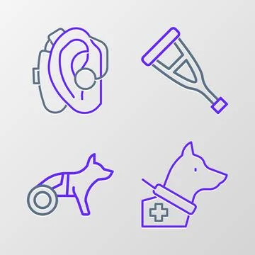 Set line Guide dog, Dog in wheelchair, Crutch or crutches and Hearing aid i.. Stock Illustration