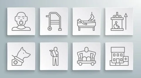 Set line Guide dog, Walker, Human broken arm, Man without legs sitting Stock Illustration