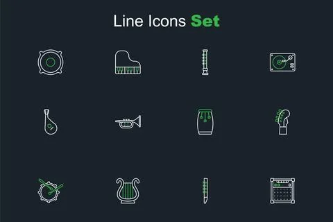 Set line Guitar amplifier, Flute, Ancient Greek lyre, Drum with drum sticks.. Stock Illustration