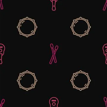 Set line Guitar, Dial knob level and Drum sticks on seamless pattern. Vector Stock Illustration