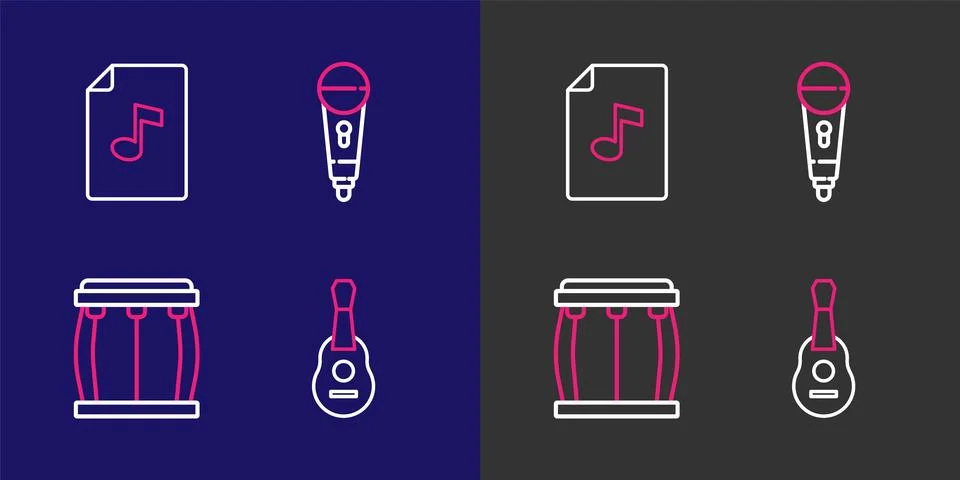Set line Guitar, Drum, Microphone and Music book with note icon. Vector Stock Illustration