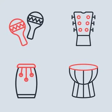 Set line Guitar neck, Conga drums, African darbuka and Maracas icon. Vector Stock Illustration