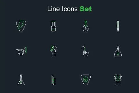 Set line Guitar neck pick Keytar Balalaika Saxophone and Trumpet icon. Vector 스톡 일러스트