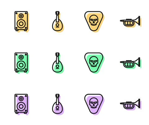 Set line Guitar pick, Stereo speaker, Mandolin and Trumpet icon. Vector Stock Illustration
