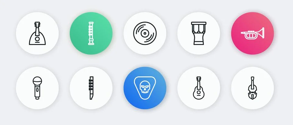 Set line Guitar pick, Trumpet, Microphone, African percussion drum, Vinyl d.. Stock Illustration