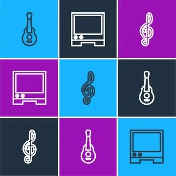 Set line Guitar, Treble clef and Voice assistant icon. Vector Stock Illustration