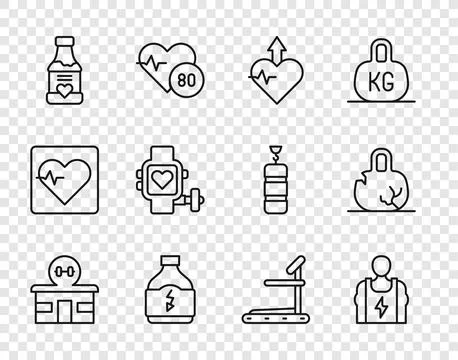Set line Gym building, Bodybuilder, Heartbeat increase, Sports nutrition, V.. Stock Illustration