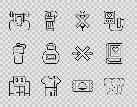 Set line Gym building, Bread toast, No doping syringe, Sport track suit, Bench Ilustración de archivo