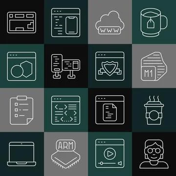 Set line Hacker or coder, Coffee cup to go, Processor, Web development, Computer 스톡 일러스트