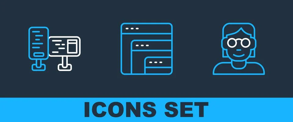 Set line Hacker or coder, Computer monitor screen and Software icon. Vector Stock Illustration