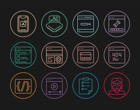 Set line Hacker or coder, Page with 404 error, Search engine, Debugging, Browser Stock-Illustration