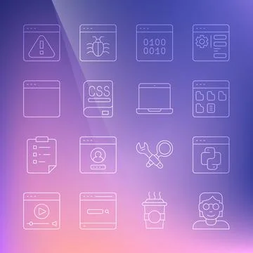 Set line Hacker or coder, Python programming language, Browser files, Binary, Illustration