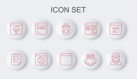 Set line Hacker or coder, Clipboard with checklist, Coffee cup to go, Proce.. Stock Illustration