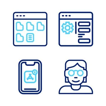 Set line Hacker or coder, Mobile Apps, Browser setting and files icon. Vector 스톡 일러스트