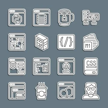 Set line Hacker or coder, Books about programming, Processor, Cup of tea wi.. Stock Illustration