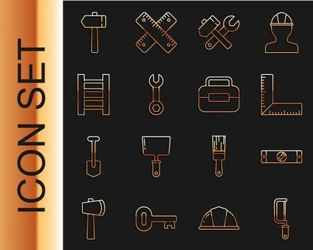 Set line Hacksaw, Construction bubble level, Corner ruler, Hammer and wrench Stock Illustration