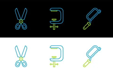 Set line Hacksaw, Scissors and Clamp and screw tool icon. Vector 스톡 일러스트