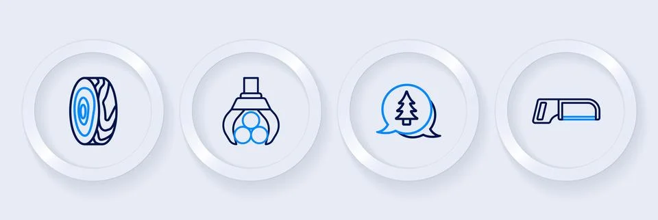 Set line Hacksaw, Tree, Grapple crane grabbed log and rings icon. Vector Illustration