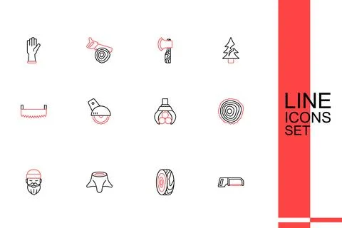 Set line Hacksaw, Tree rings, stump, Lumberjack, Grapple crane grabbed log,.. Illustration