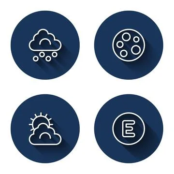 Set line Hail cloud, Moon, Sun and weather and Compass west with long shadow. Stock Illustration