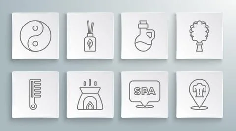 Set line Hairbrush, Aroma diffuser, candle, Spa salon, Massage, Essential oil Stock Illustration