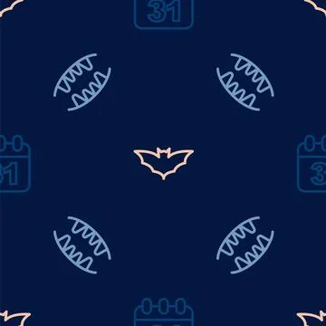 Set line Halloween date 31 october, Vampire teeth and Flying bat on seamless Illustrazione stock