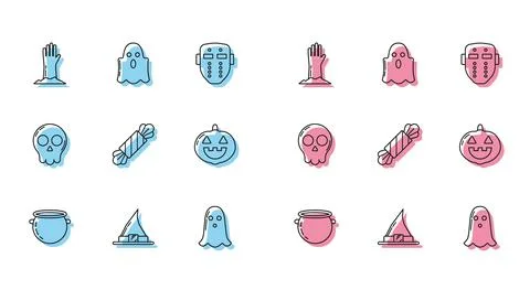 Set line Halloween witch cauldron, Witch hat, Zombie hand, Ghost, Candy, Pumpkin Stock-Illustration