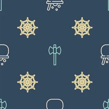 Set line Halloween witch cauldron, Spider web and Wooden axe on seamless pattern 스톡 일러스트