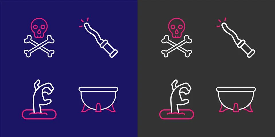 Set line Halloween witch cauldron, Zombie hand, Magic wand and Skull crossb.. イラスト素材